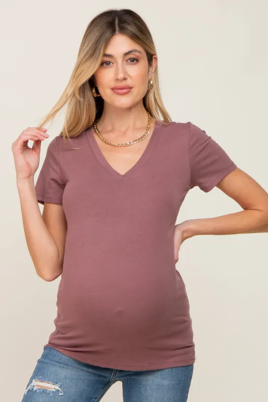 Dark Burgundy Basic V-Neck Maternity Tee sold by Pinkblush