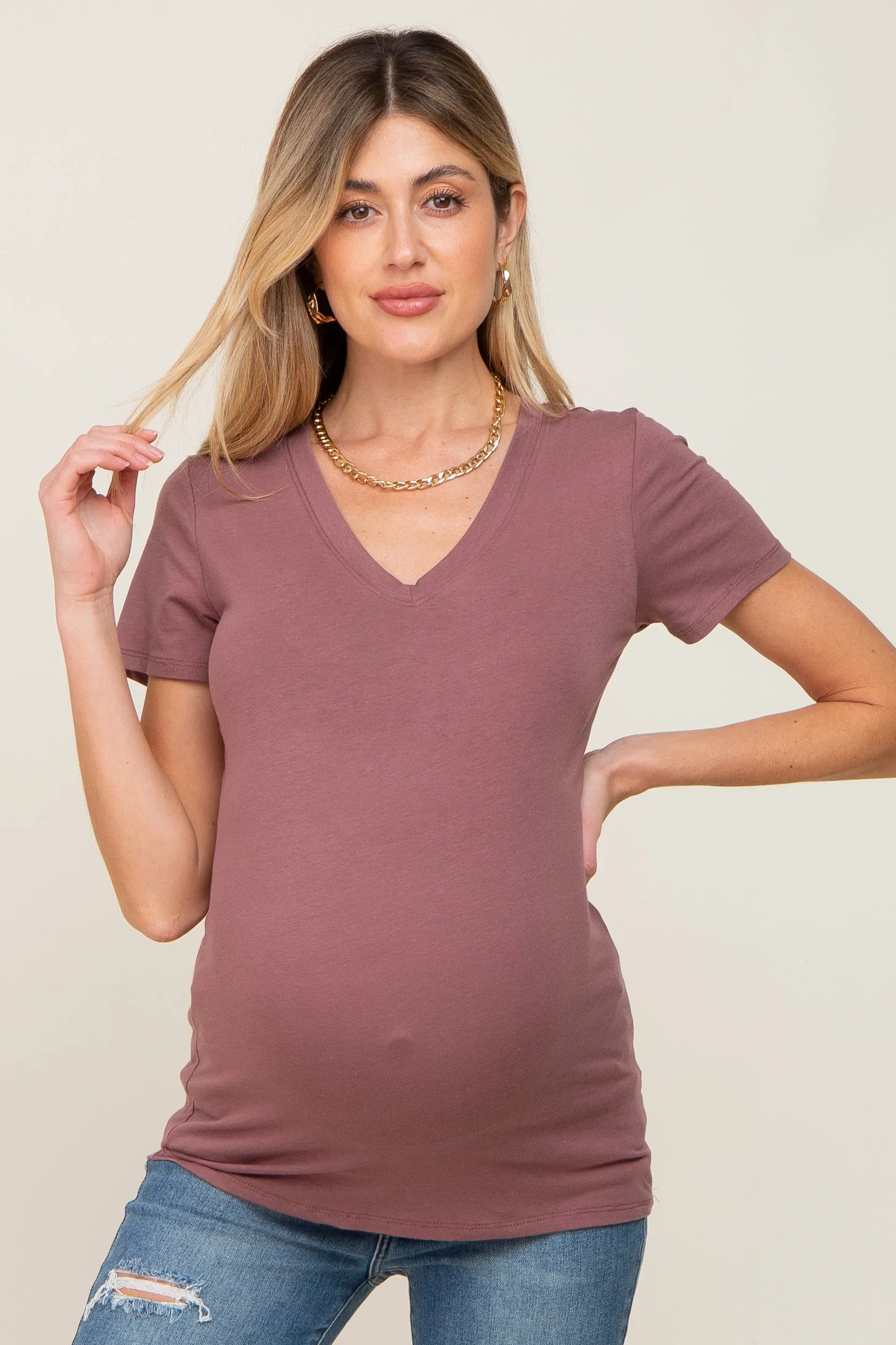 Dark Burgundy Basic V-Neck Maternity Tee sold by Pinkblush