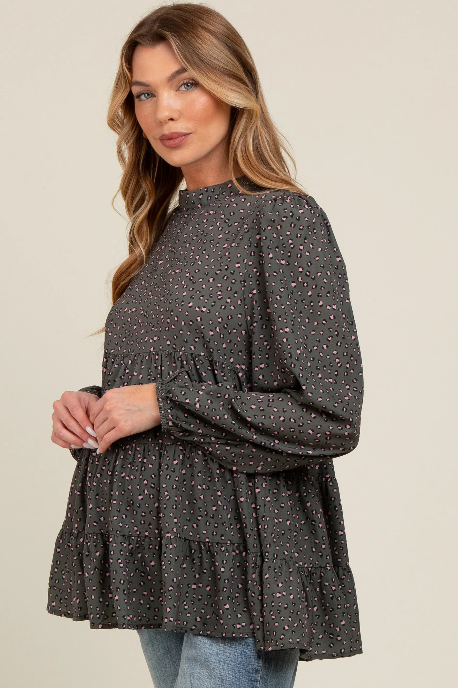Olive Animal Print Mock Neck Tiered Maternity Top sold by Pinkblush product image thumbnail 3