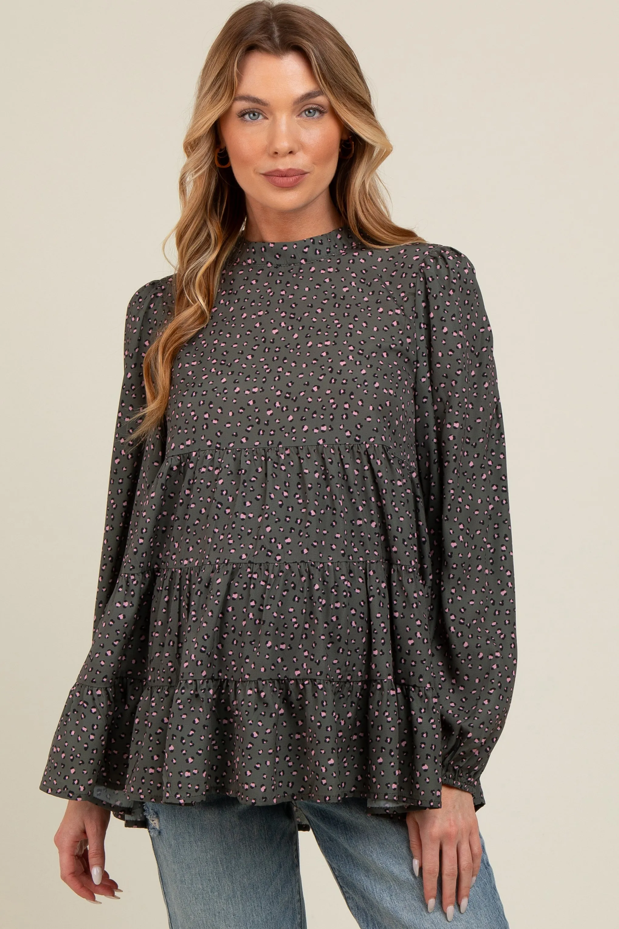 Olive Animal Print Mock Neck Tiered Maternity Top sold by Pinkblush