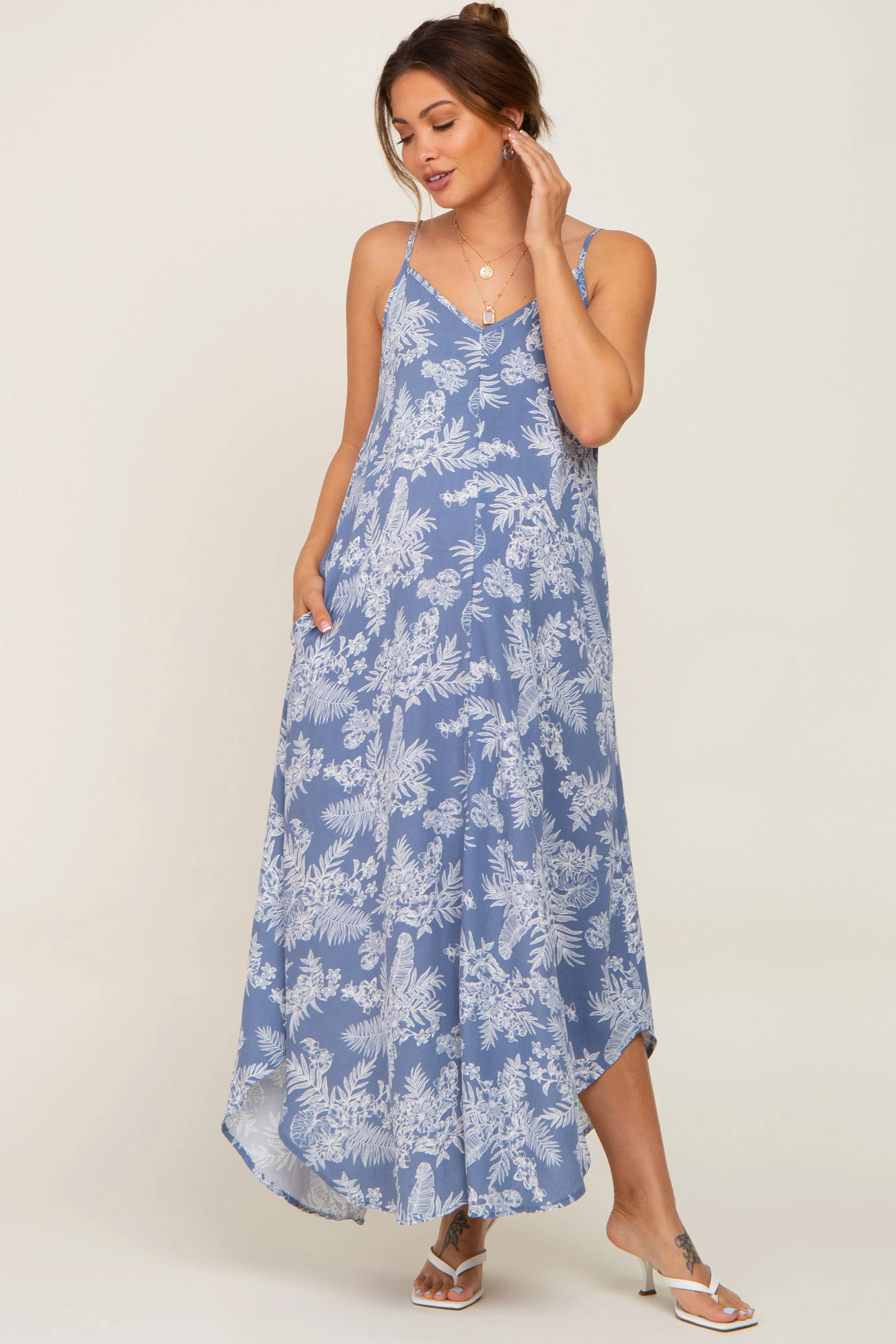 Blue Floral Round Hem Maternity Midi Dress sold by Pinkblush product image thumbnail 4