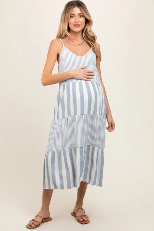 Blue Striped Side Pocket Maternity Midi Dress sold by Pinkblush