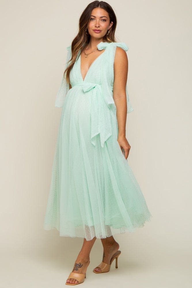 Mint Green Dotted Tulle Deep V-Neck Shoulder Tie Maternity Midi Dress sold by Pinkblush product image thumbnail 6