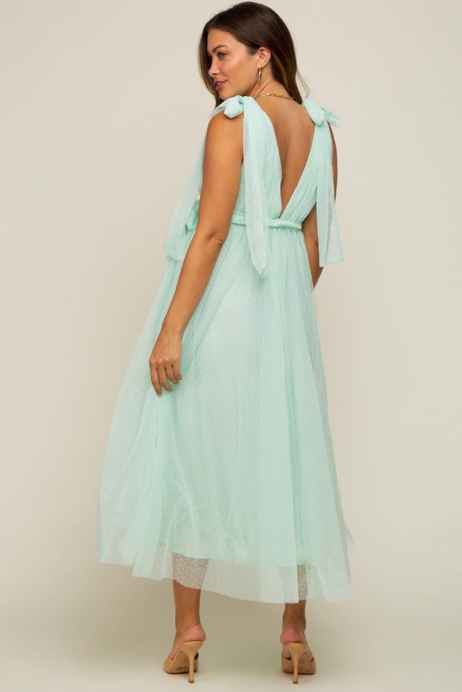 Mint Green Dotted Tulle Deep V-Neck Shoulder Tie Maternity Midi Dress sold by Pinkblush product image thumbnail 3