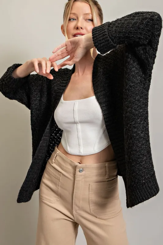 Black Knit Cuffed Cardigan sold by Pinkblush