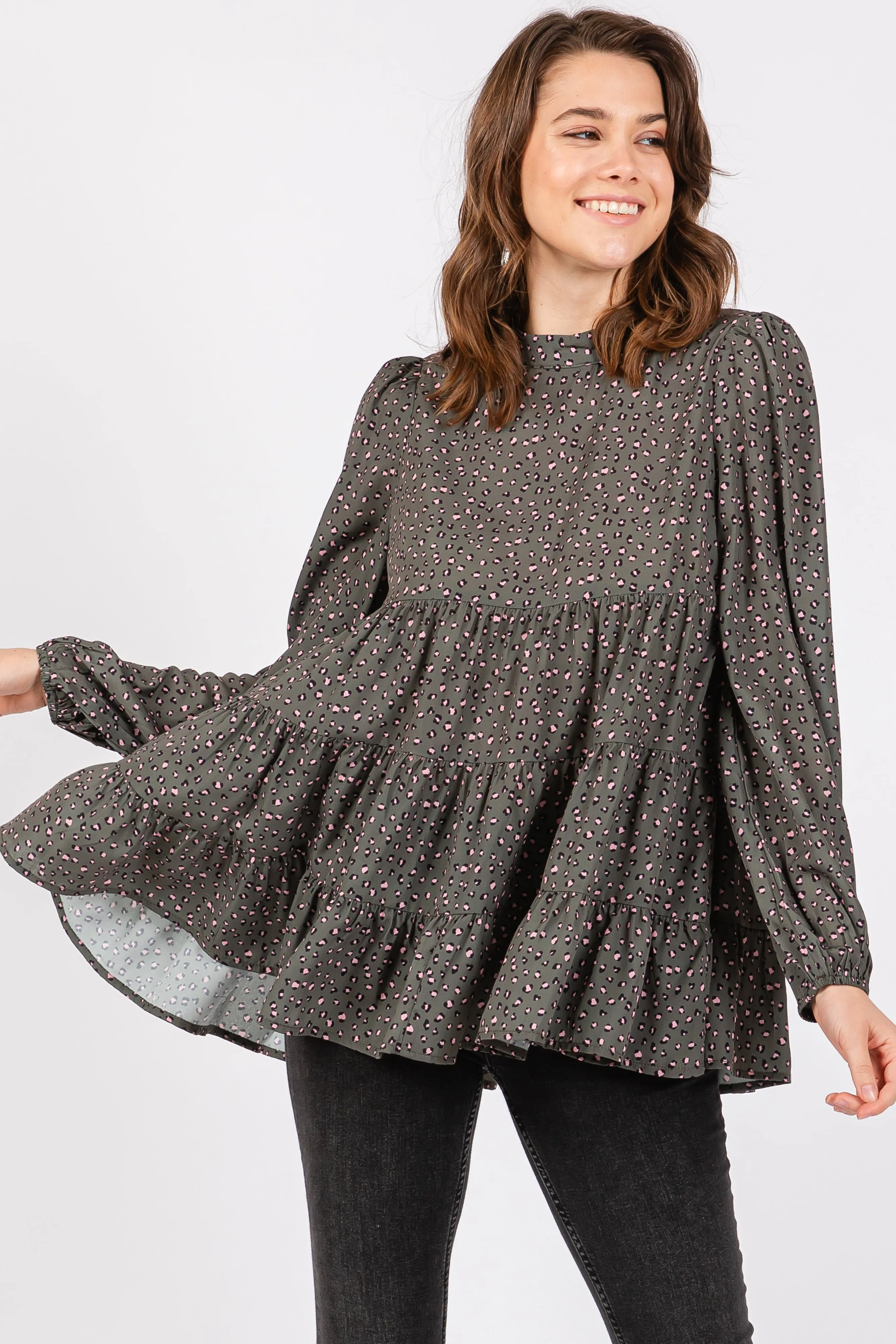 Olive Animal Print Mock Neck Tiered Maternity Top sold by Pinkblush product image thumbnail 5