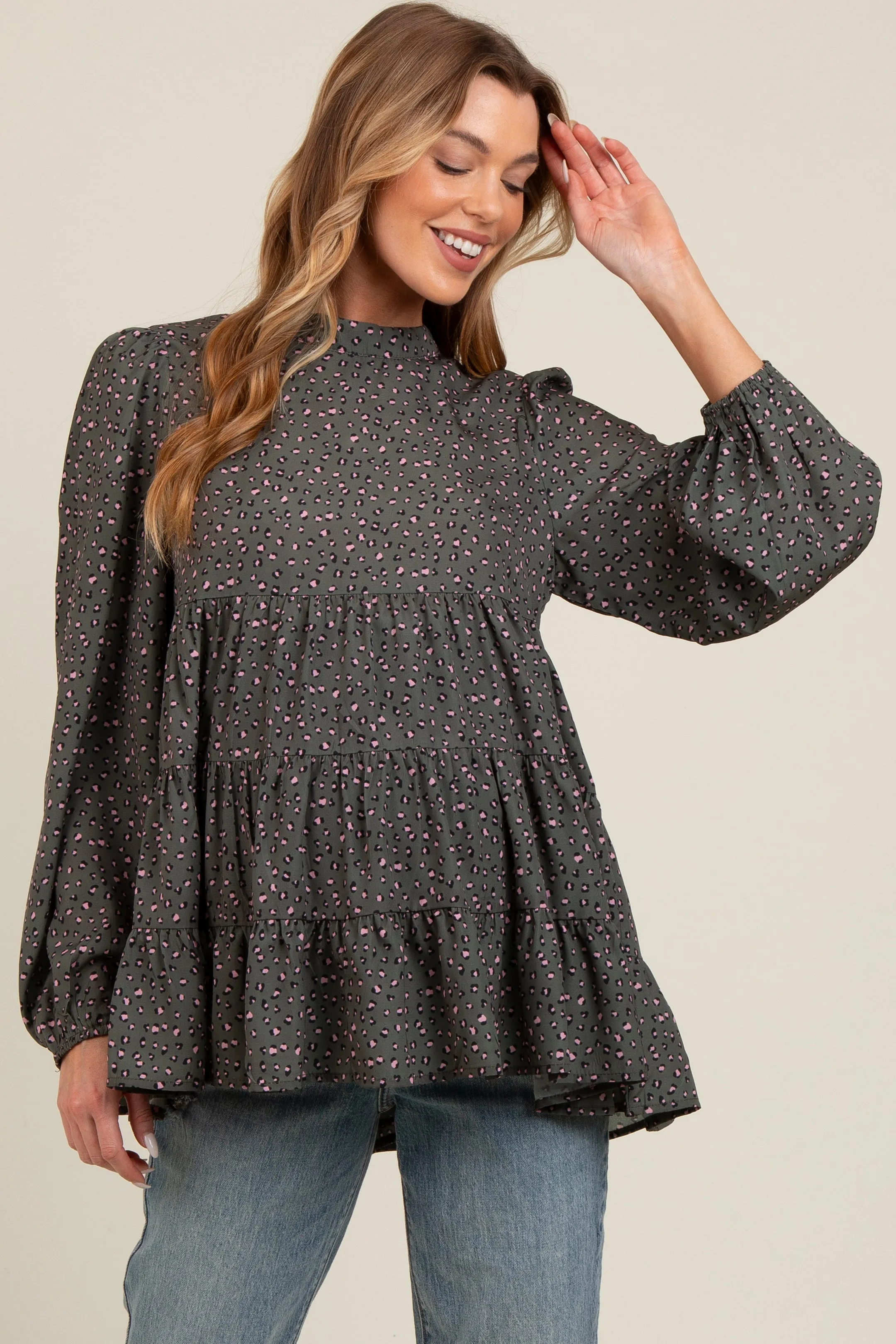 Olive Animal Print Mock Neck Tiered Maternity Top sold by Pinkblush product image thumbnail 2