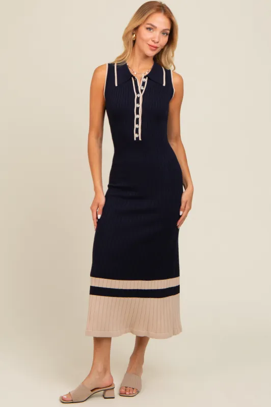 Navy Knit Button Front Contrast Border Midi Dress sold by Pinkblush