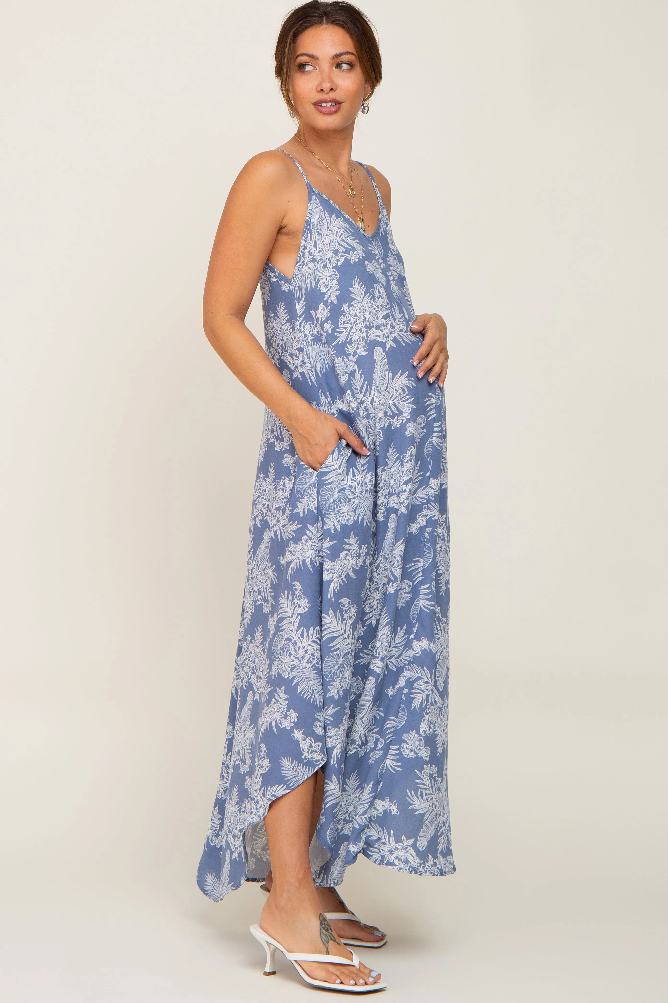 Blue Floral Round Hem Maternity Midi Dress sold by Pinkblush product image thumbnail 2