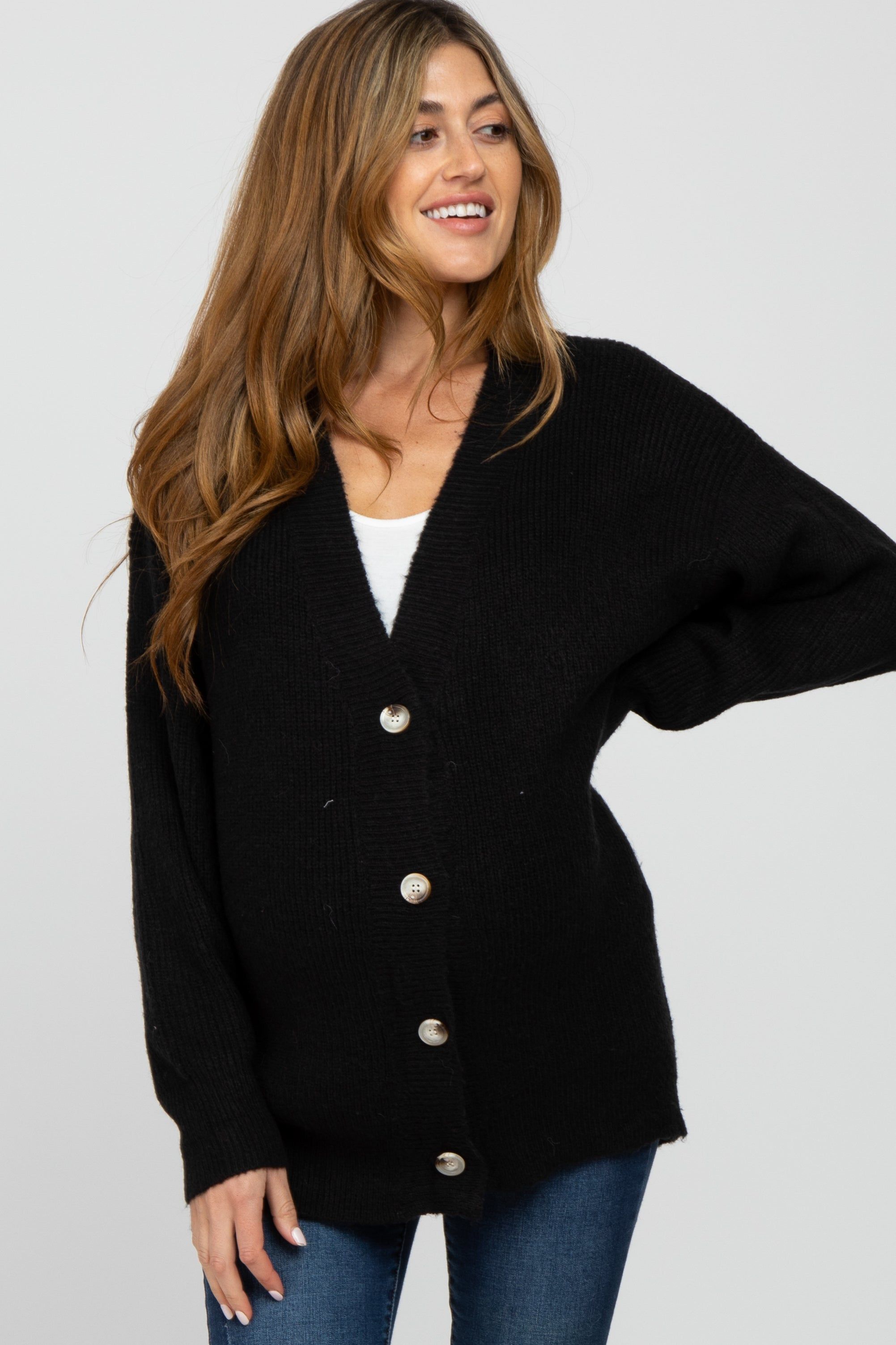 Black Brushed Button Front Maternity Cardigan sold by Pinkblush