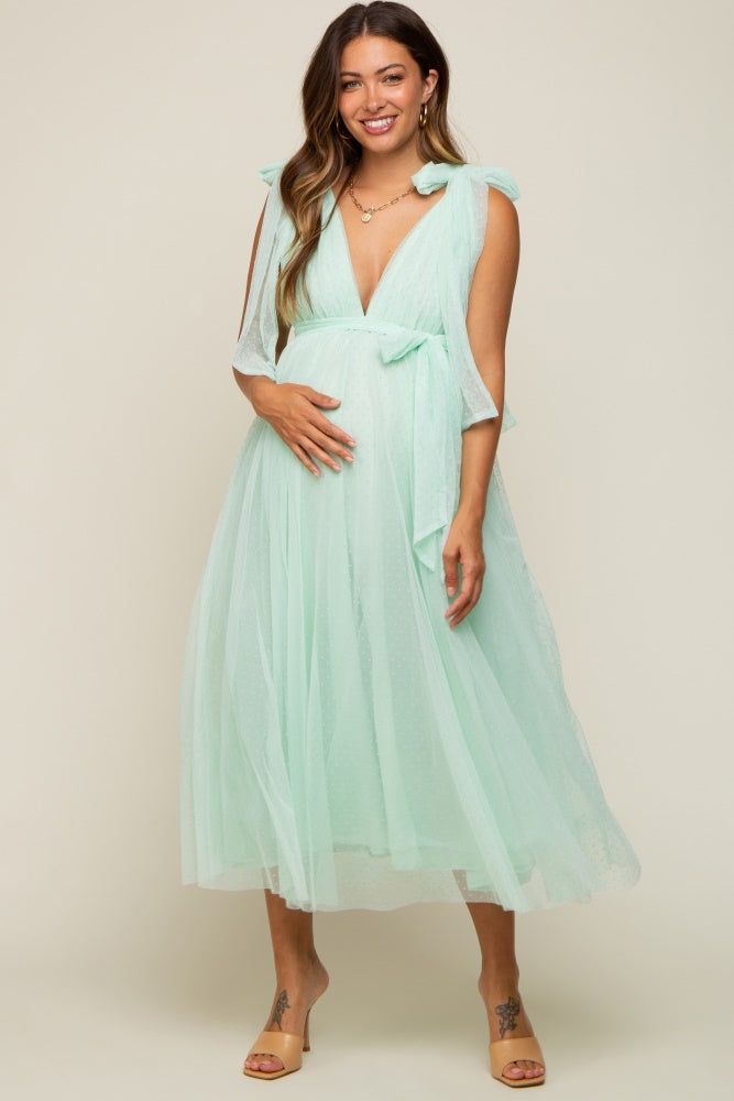 Mint Green Dotted Tulle Deep V-Neck Shoulder Tie Maternity Midi Dress sold by Pinkblush product image thumbnail 4