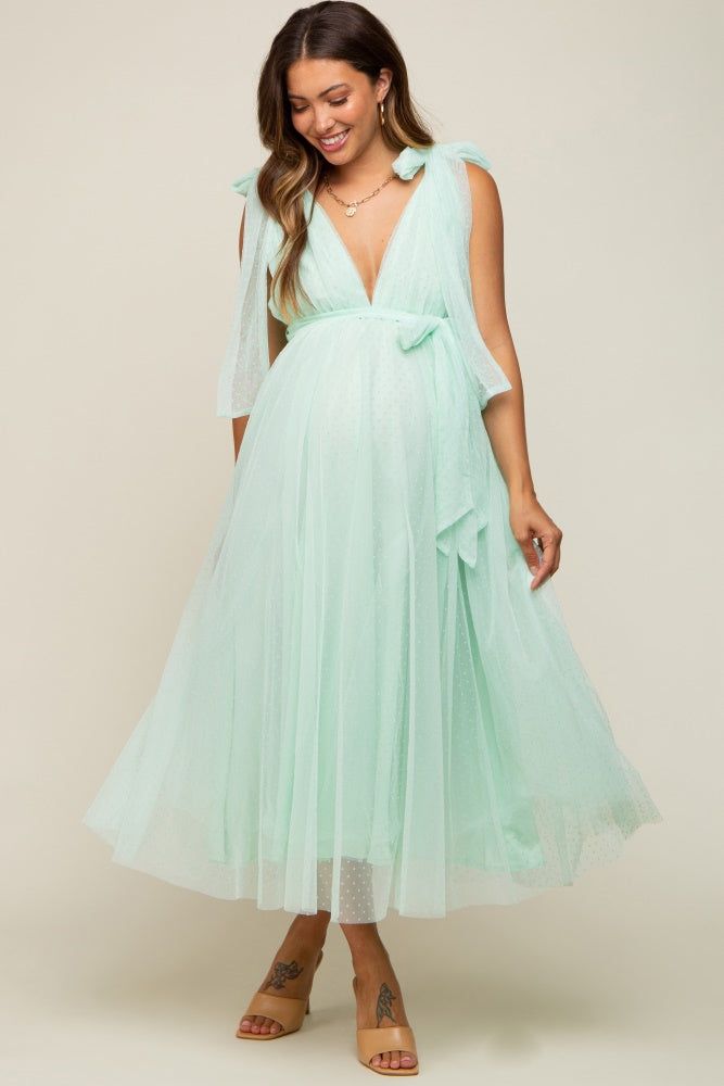 Mint Green Dotted Tulle Deep V-Neck Shoulder Tie Maternity Midi Dress sold by Pinkblush