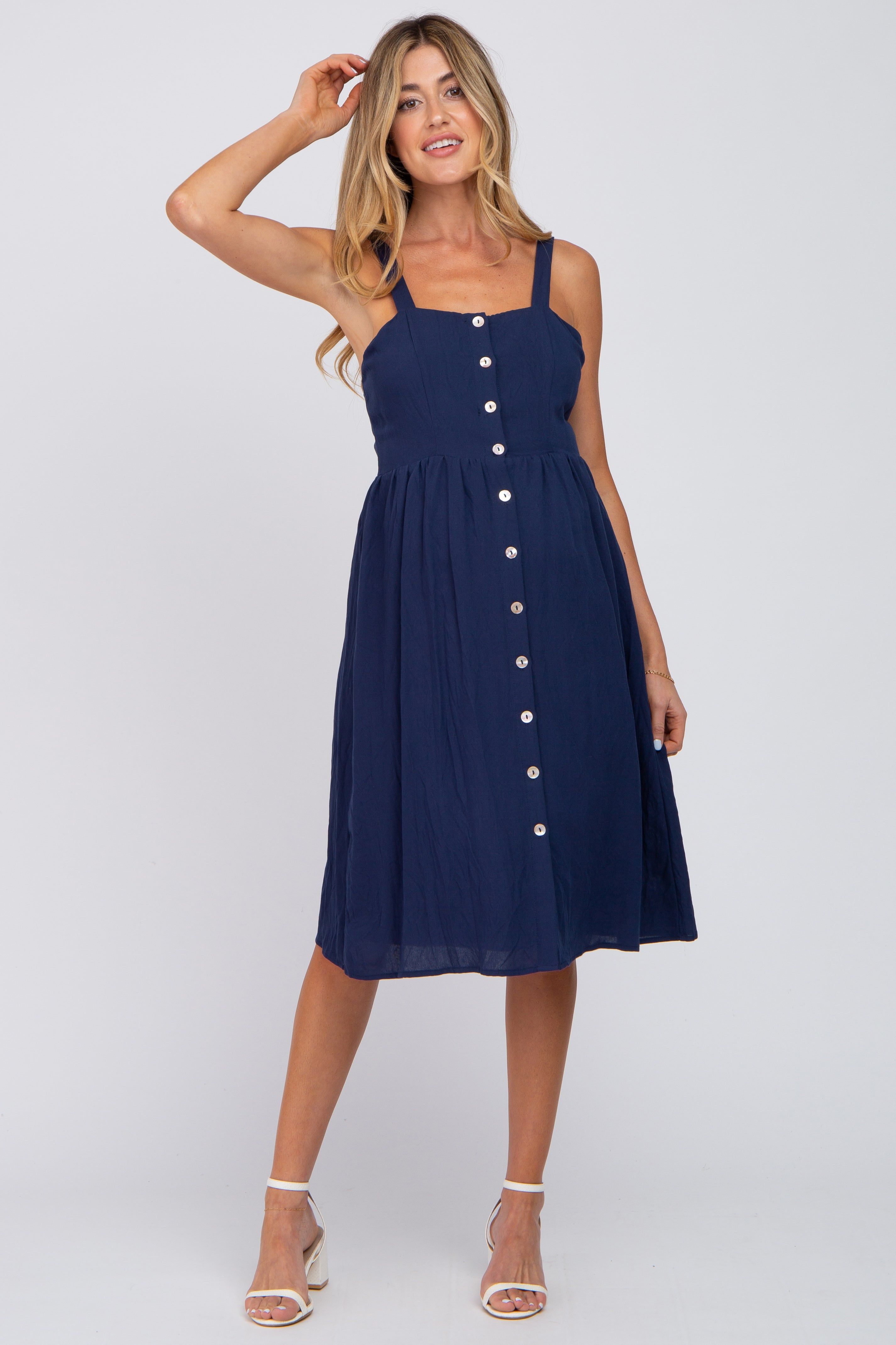 Navy Button Front Maternity Midi Dress sold by Pinkblush