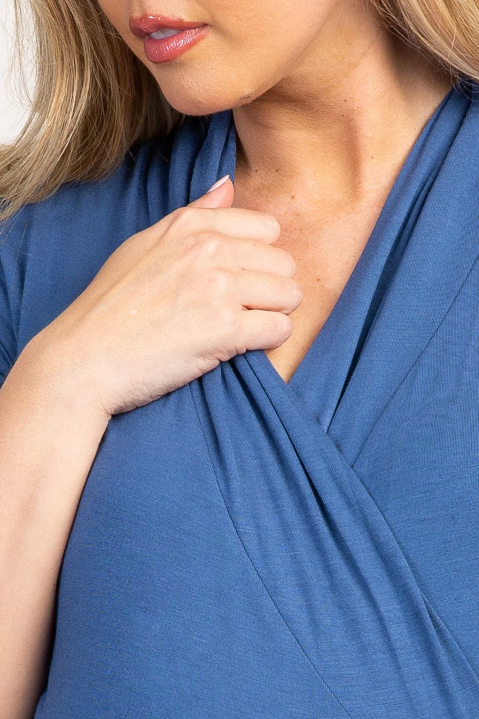 Blue Solid Short Sleeve Wrap Front Maternity/Nursing Top sold by Pinkblush product image thumbnail 4