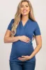 Blue Solid Short Sleeve Wrap Front Maternity/Nursing Top sold by Pinkblush