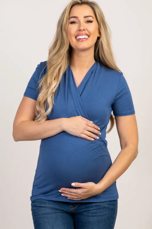 Blue Solid Short Sleeve Wrap Front Maternity/Nursing Top sold by Pinkblush