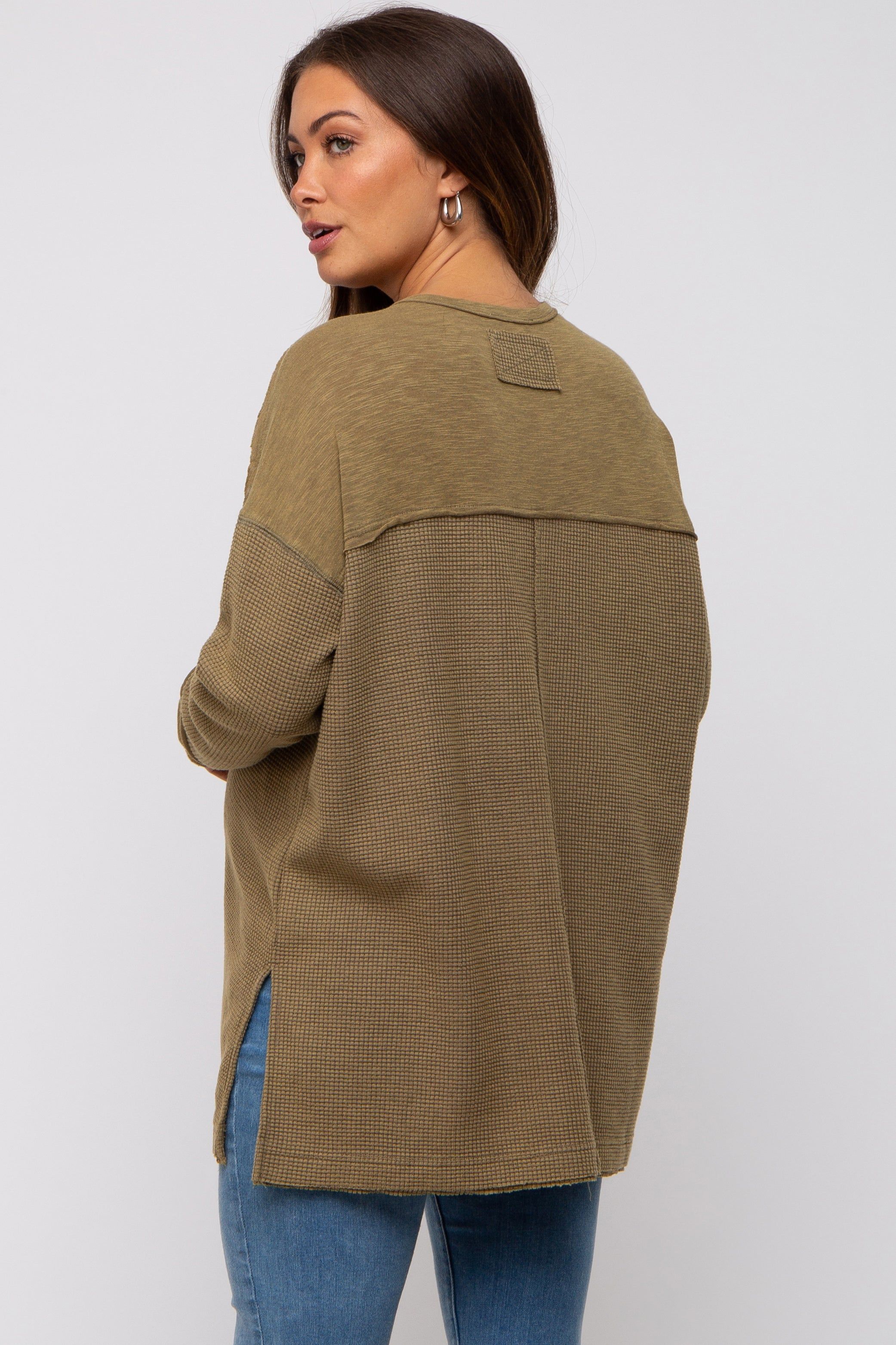 Olive Colorblock Waffle Knit Henley Maternity Top sold by Pinkblush product image thumbnail 3