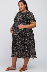 Black Floral Pleated Chiffon Maternity Plus Midi Dress sold by Pinkblush