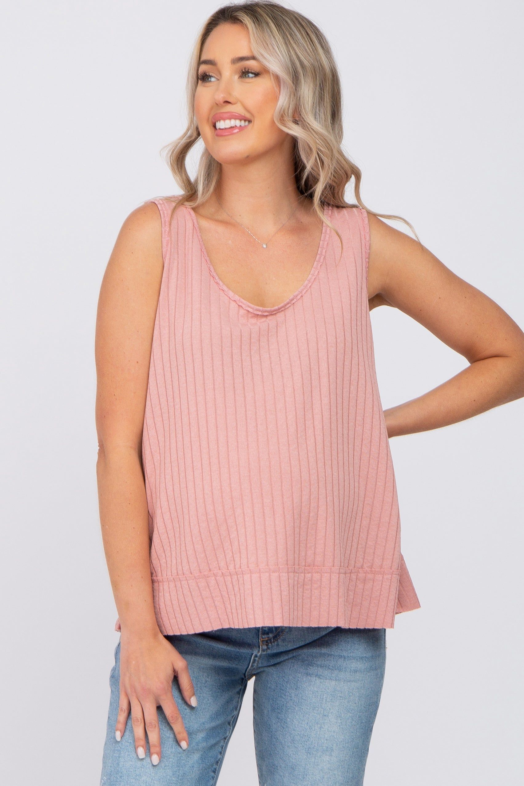 Pink Ribbed Raw Hem Maternity Tank Top sold by Pinkblush