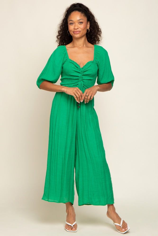 Green Smocked Drawstring Front Short Sleeve Jumpsuit sold by Pinkblush product image thumbnail 4