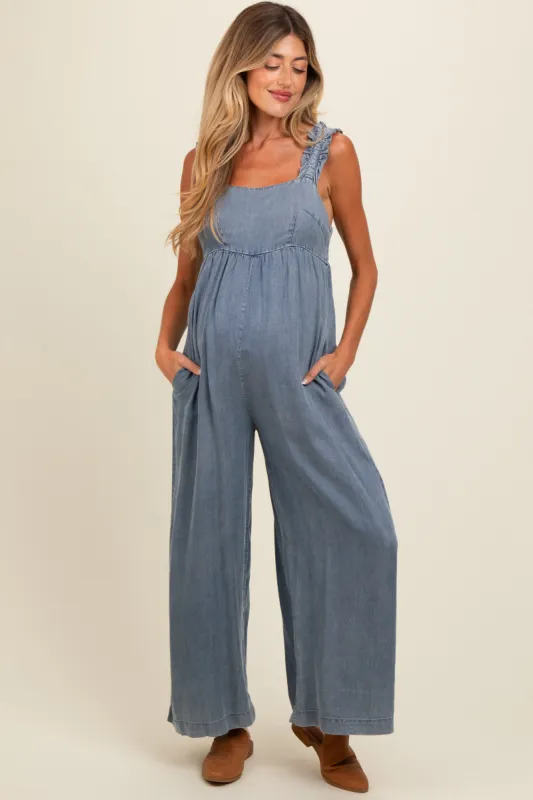 Denim Chambray Cutout Maternity Jumpsuit sold by Pinkblush