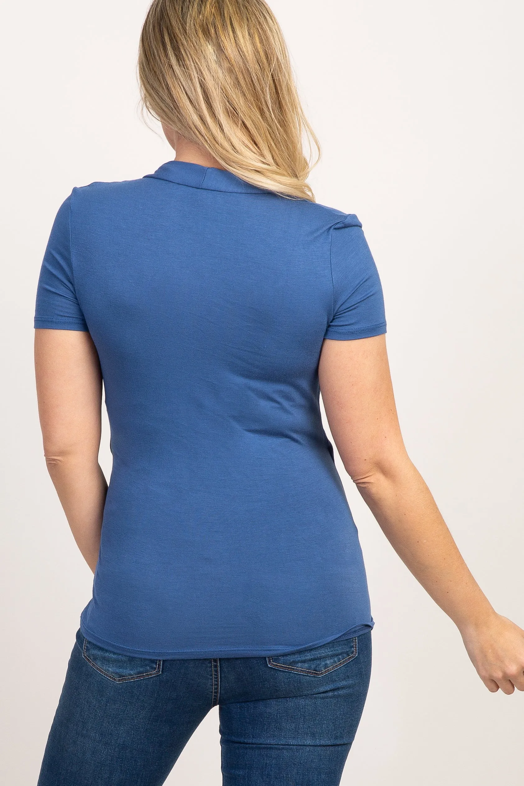 Blue Solid Short Sleeve Wrap Front Maternity/Nursing Top sold by Pinkblush product image thumbnail 3