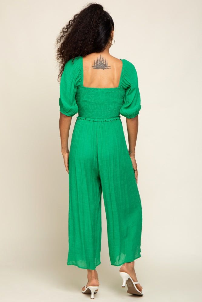 Green Smocked Drawstring Front Short Sleeve Jumpsuit sold by Pinkblush product image thumbnail 3