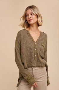 Olive Colorblock Waffle Knit Henley Maternity Top sold by Pinkblush