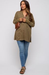 Olive Colorblock Waffle Knit Henley Maternity Top sold by Pinkblush