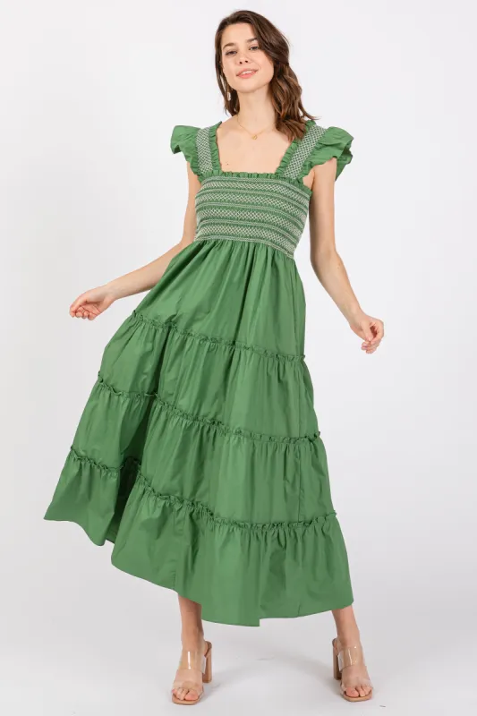 Green Embroidered Smocked Midi Dress sold by Pinkblush