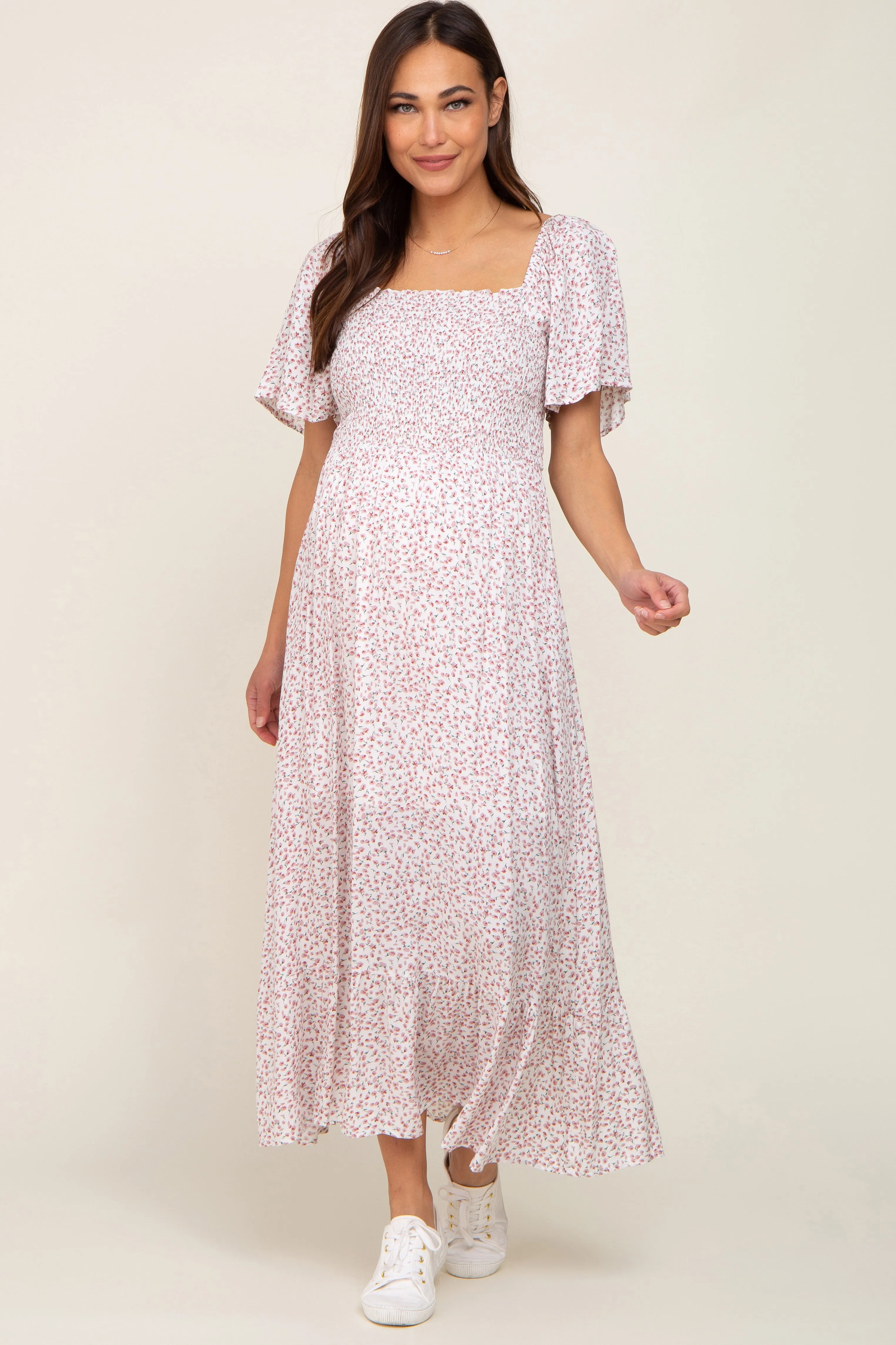 Ivory Floral Smocked Flounce Sleeve Maternity Maxi Dress sold by Pinkblush