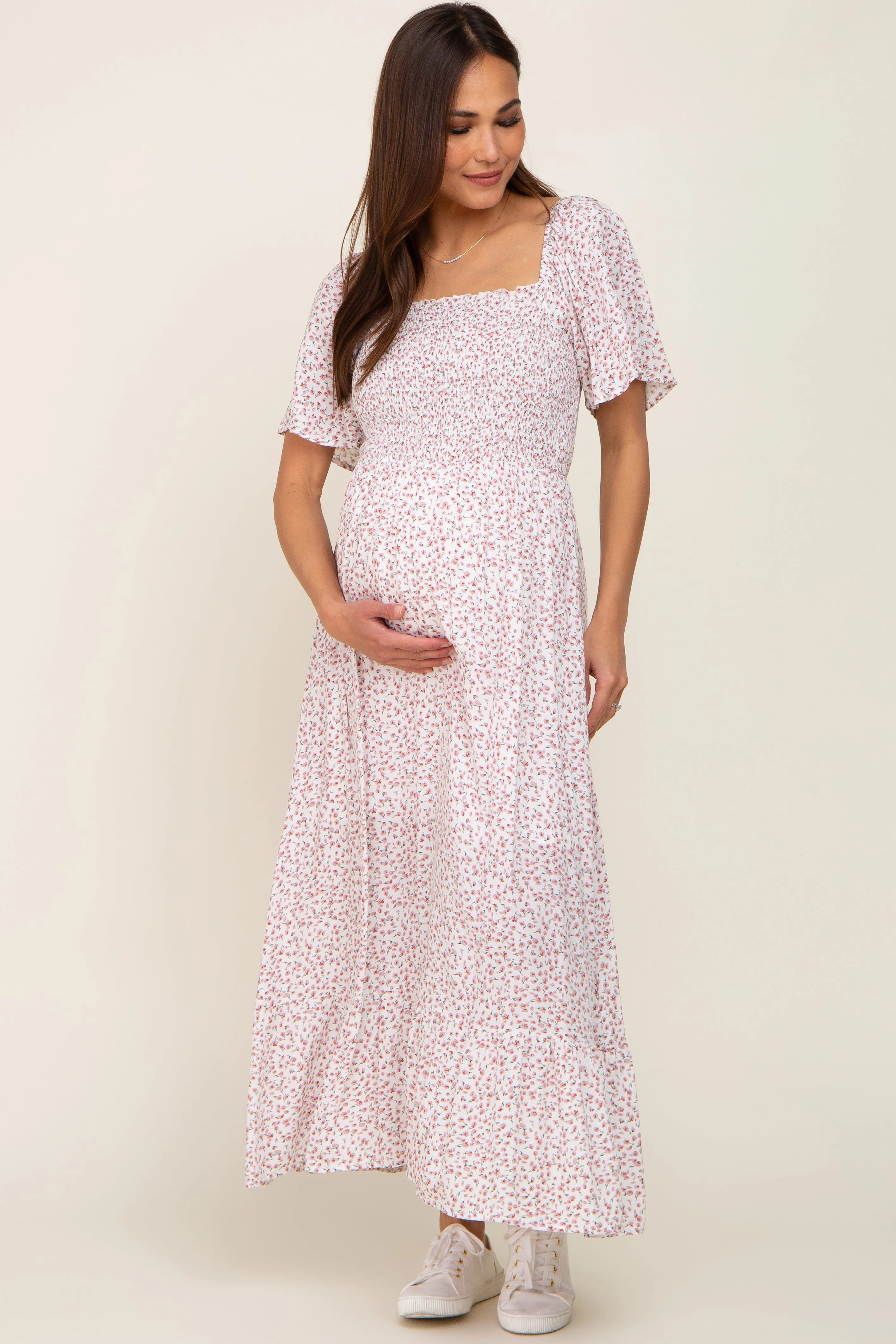 Ivory Floral Smocked Flounce Sleeve Maternity Maxi Dress sold by Pinkblush product image thumbnail 5