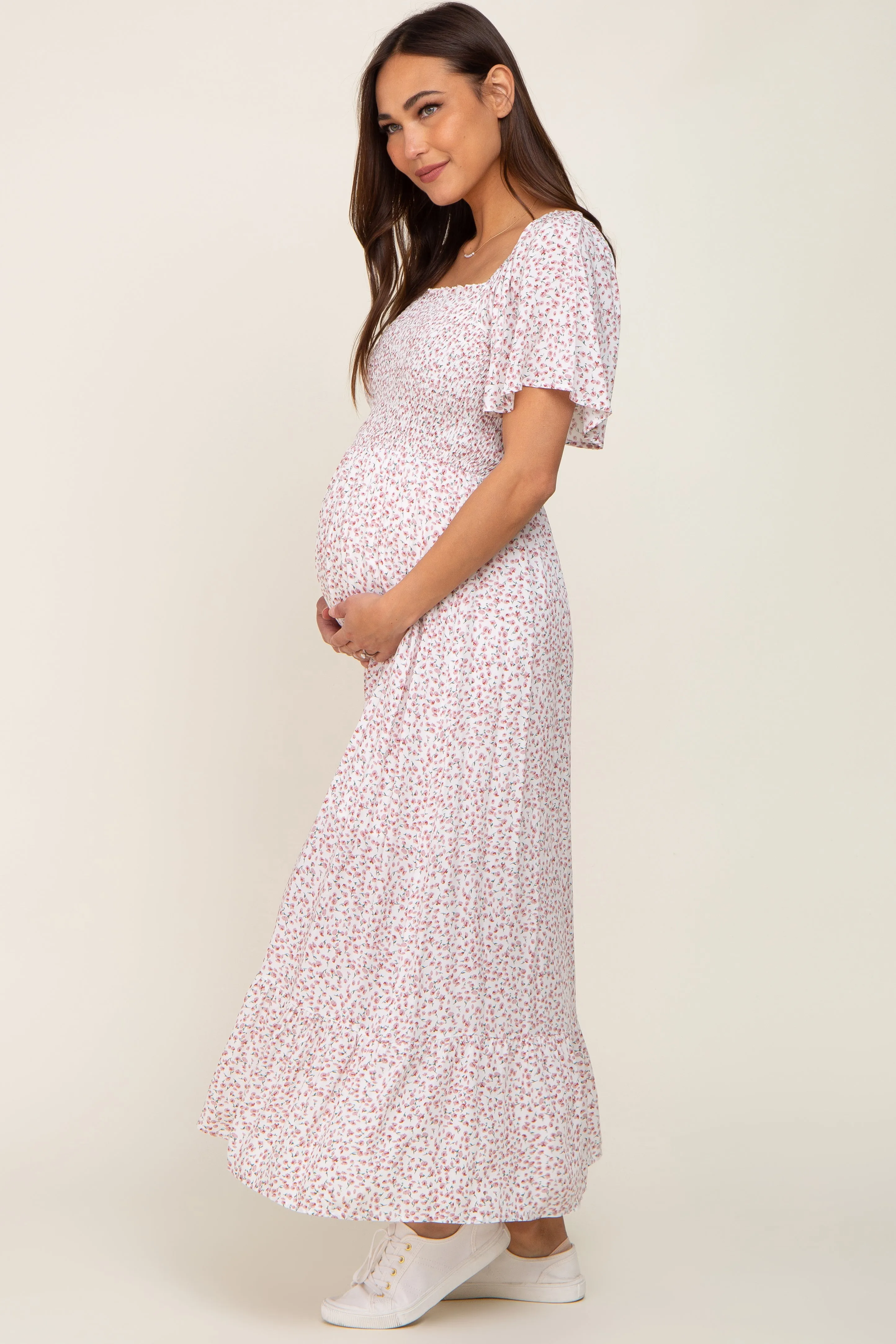 Ivory Floral Smocked Flounce Sleeve Maternity Maxi Dress sold by Pinkblush product image thumbnail 2