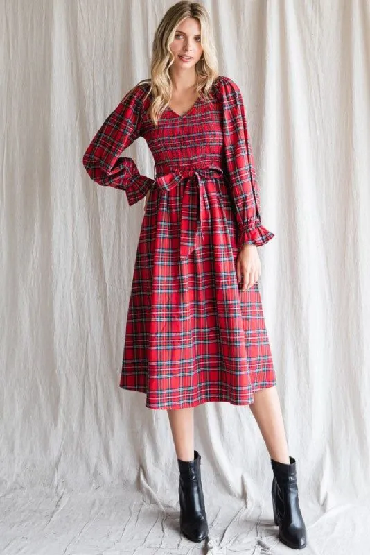 Red Plaid Smocked A-Line Midi Dress sold by Pinkblush