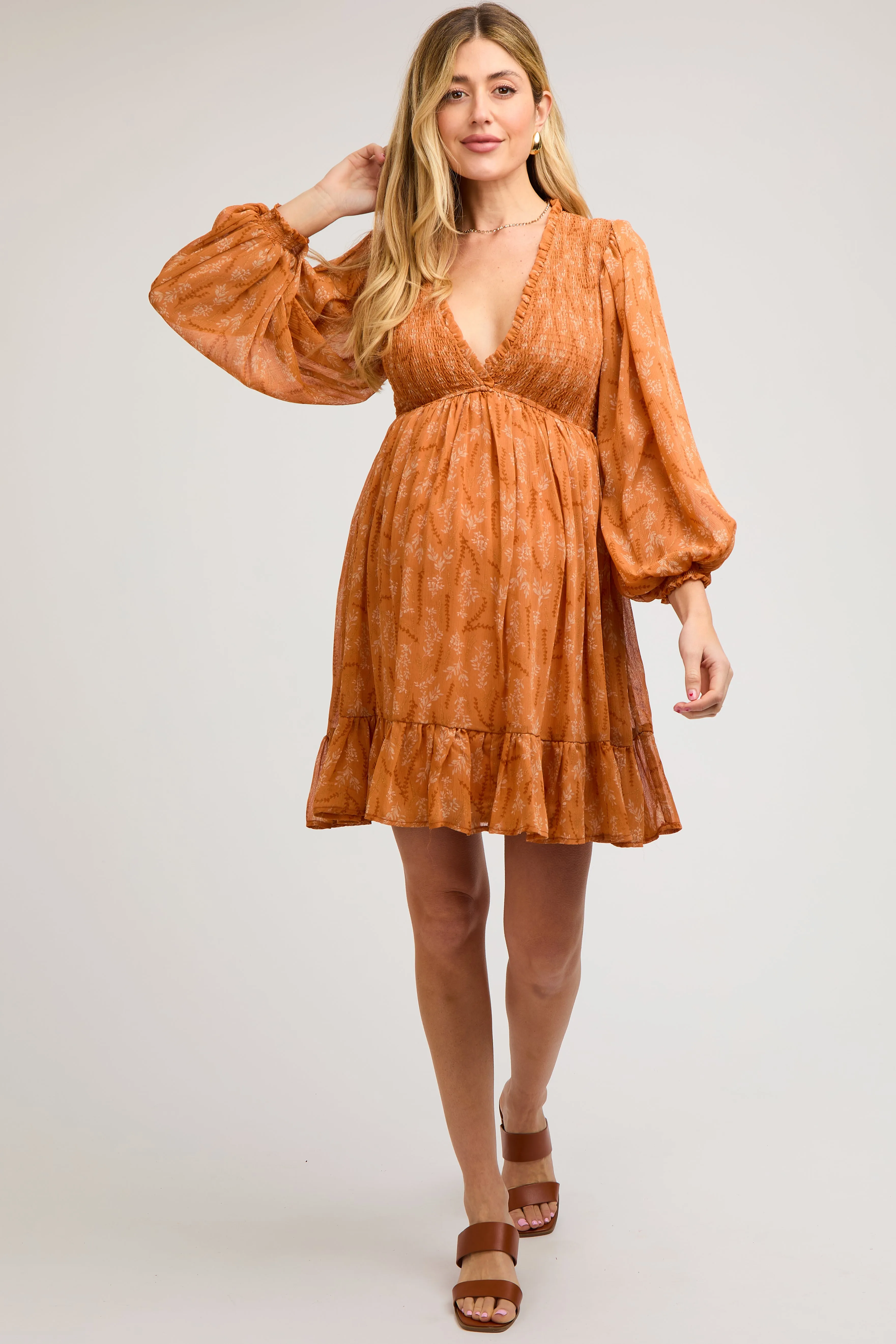 Orange Floral Smocked Long Sleeve Maternity Dress sold by Pinkblush product image thumbnail 2