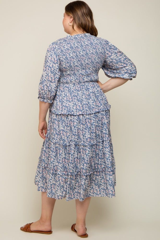 Blue Floral Smocked Ruffle Tiered Maternity Plus Midi Dress sold by Pinkblush product image thumbnail 3