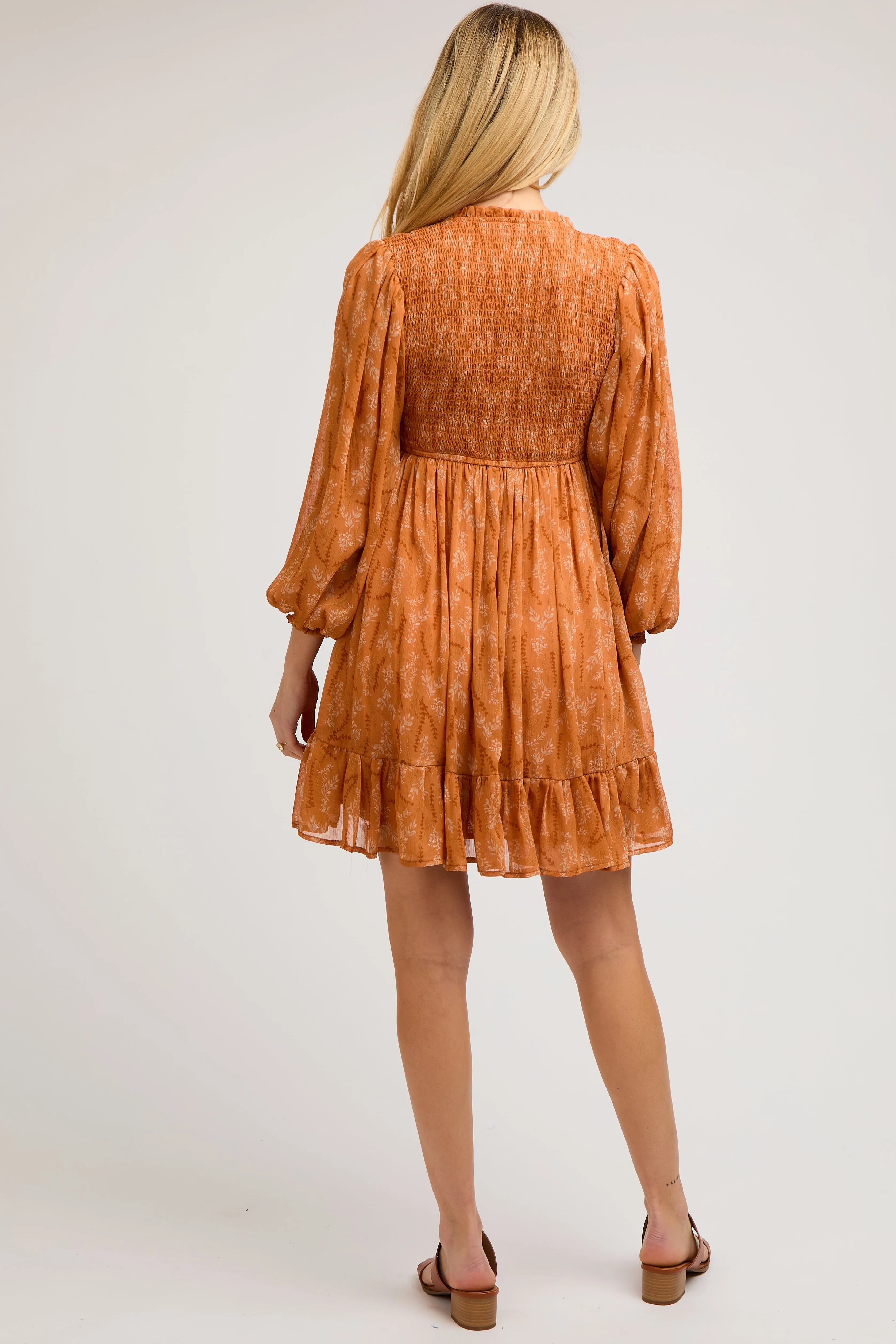 Orange Floral Smocked Long Sleeve Maternity Dress sold by Pinkblush product image thumbnail 4
