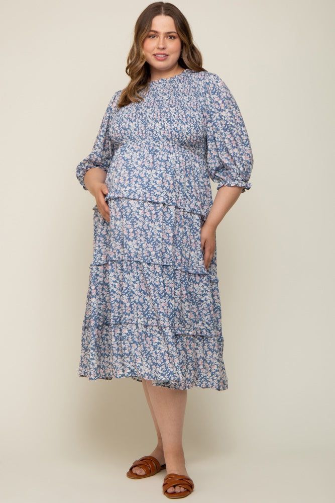 Blue Floral Smocked Ruffle Tiered Maternity Plus Midi Dress sold by Pinkblush product image thumbnail 4