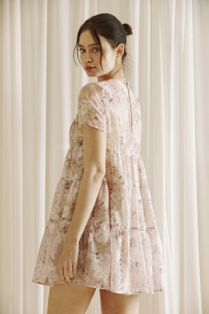 Beige Floral Rose Ruffled Trapeze Mini Dress sold by Pinkblush product image thumbnail 3