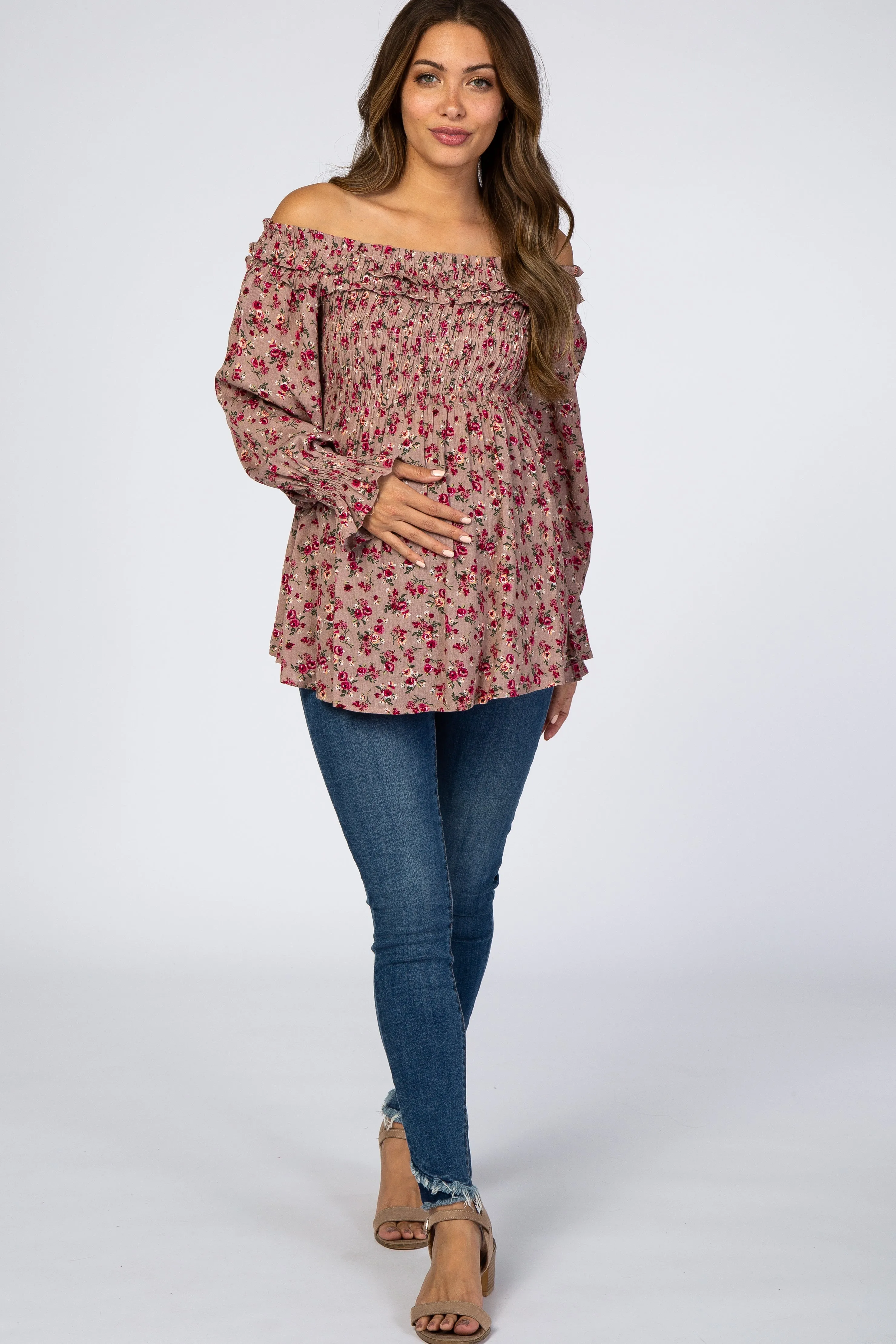 Mauve Floral Off Shoulder Long Sleeve Maternity Top sold by Pinkblush product image thumbnail 4