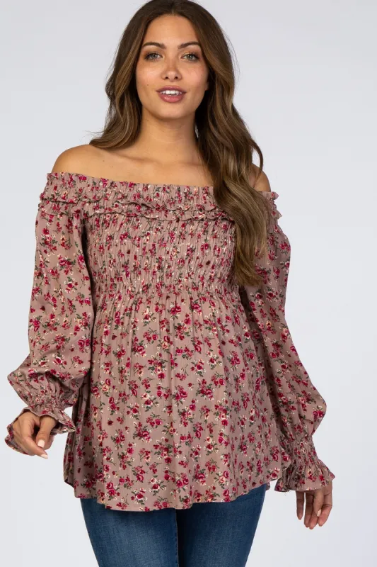 Mauve Floral Off Shoulder Long Sleeve Maternity Top sold by Pinkblush