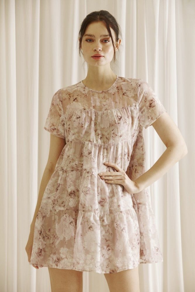 Beige Floral Rose Ruffled Trapeze Mini Dress sold by Pinkblush