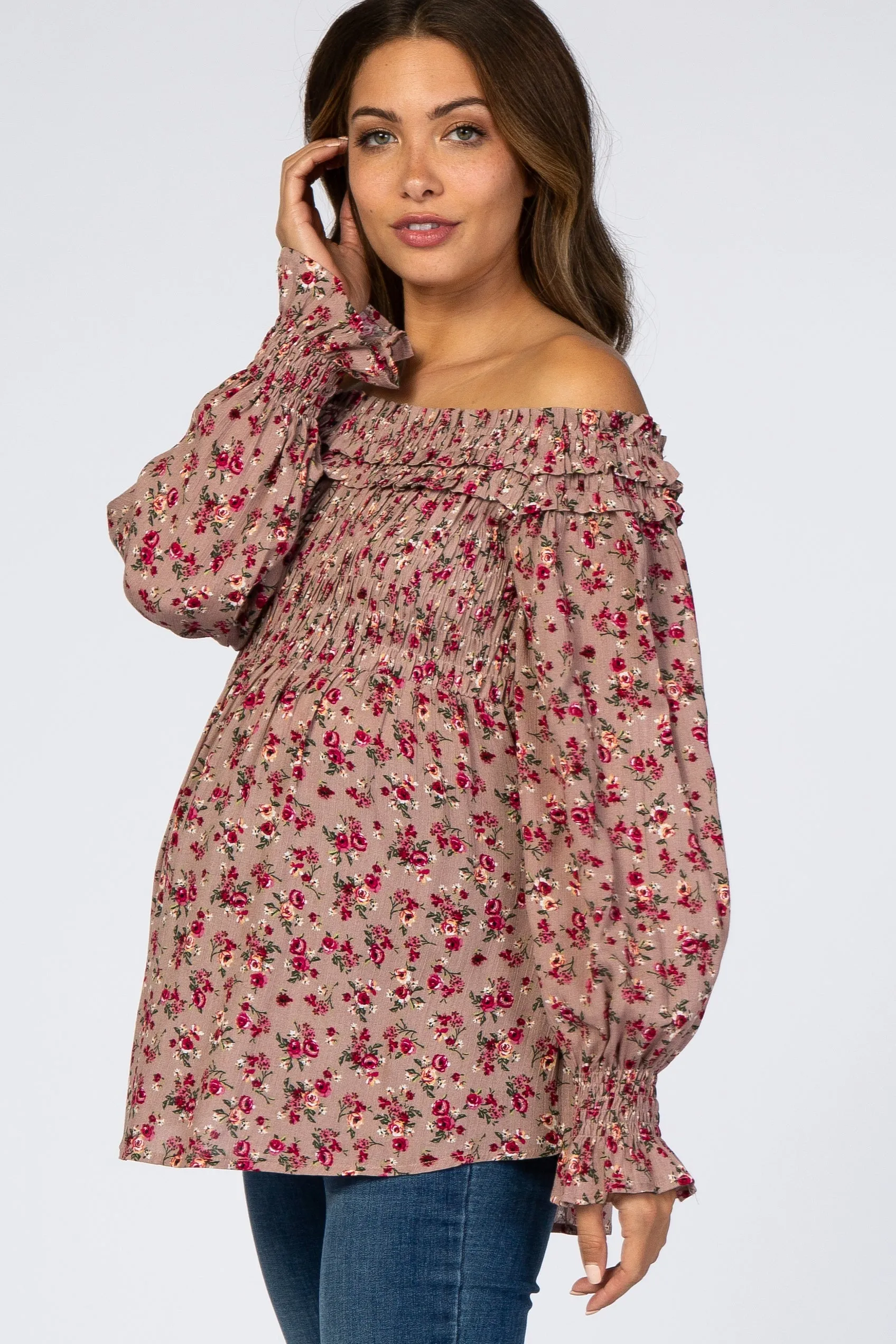 Mauve Floral Off Shoulder Long Sleeve Maternity Top sold by Pinkblush product image thumbnail 2