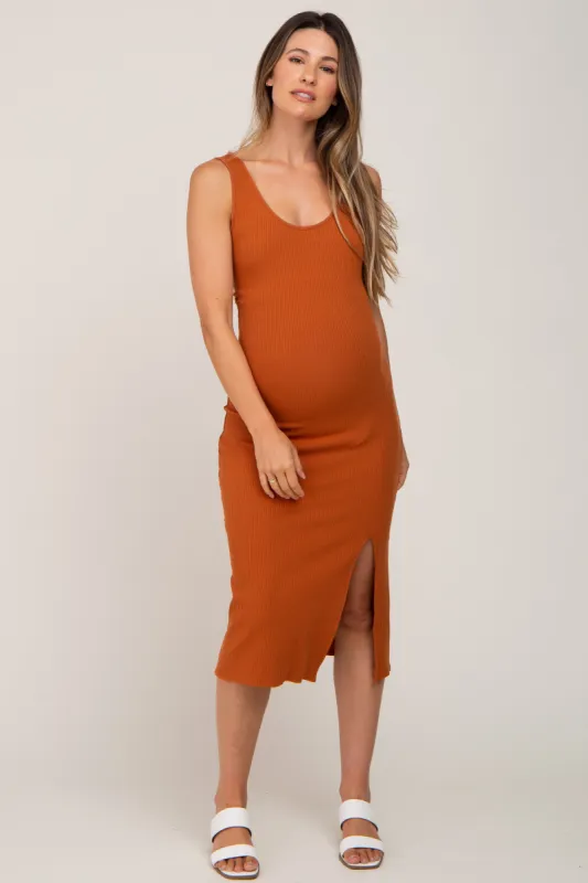 Camel Ribbed Back Cutout Maternity Midi Dress sold by Pinkblush