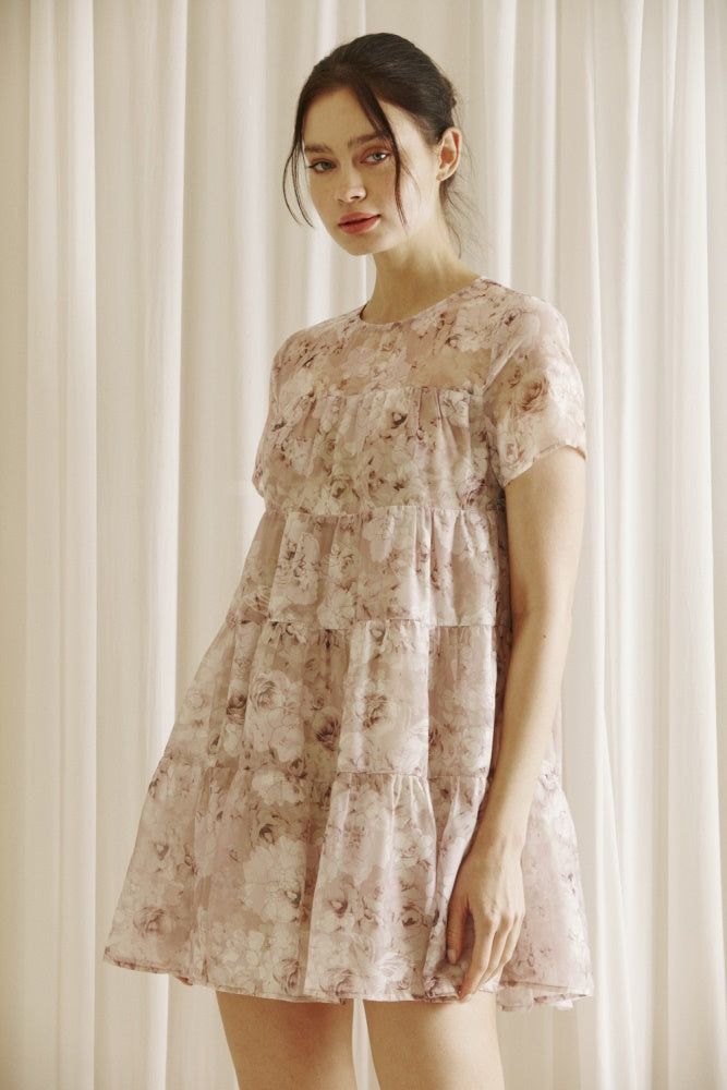 Beige Floral Rose Ruffled Trapeze Mini Dress sold by Pinkblush product image thumbnail 2