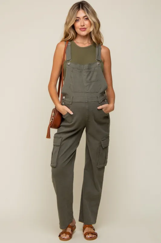 Olive Cargo Pocket Maternity Denim Overalls sold by Pinkblush