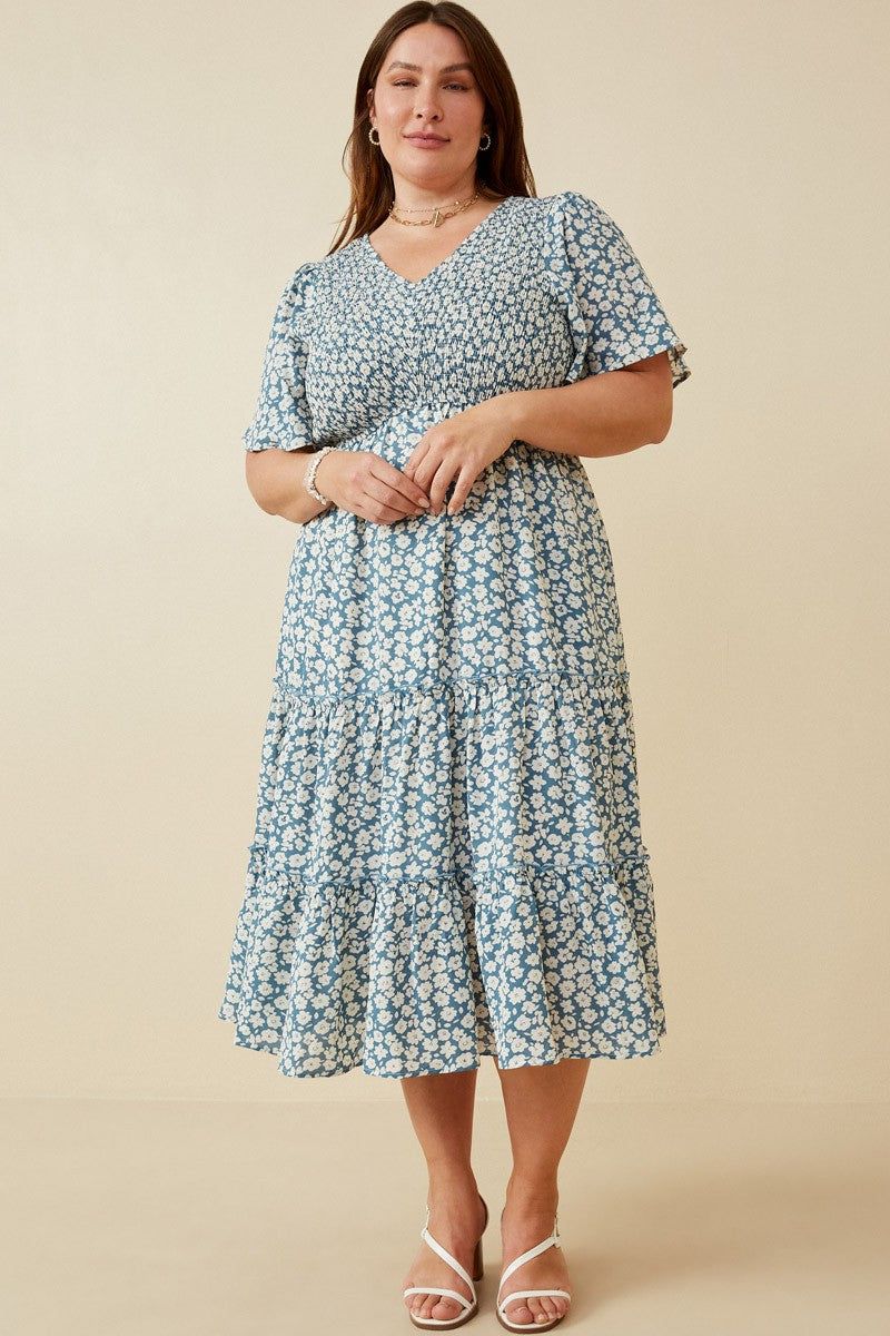 Blue Floral Tiered Plus Midi Dress sold by Pinkblush