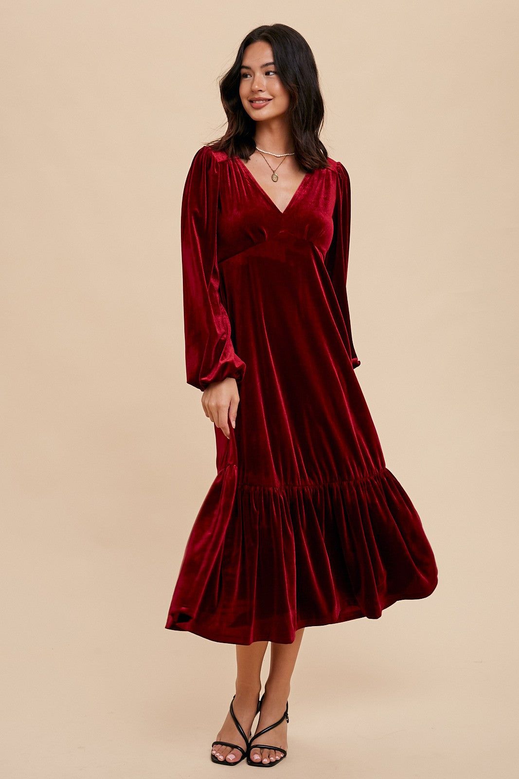 Burgundy V-Neck Ruffle Hem Velvet Maternity Midi Dress sold by Pinkblush product image thumbnail 5