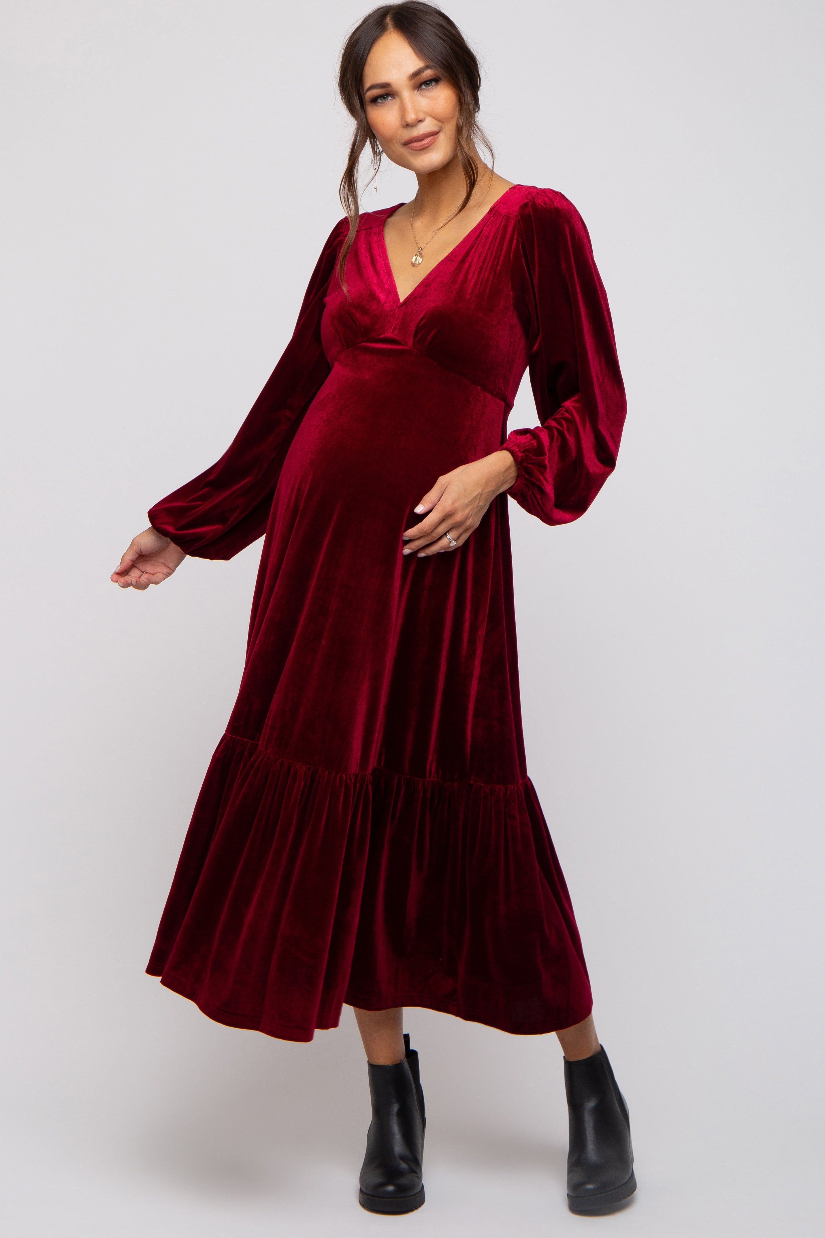 Burgundy V-Neck Ruffle Hem Velvet Maternity Midi Dress sold by Pinkblush product image thumbnail 2