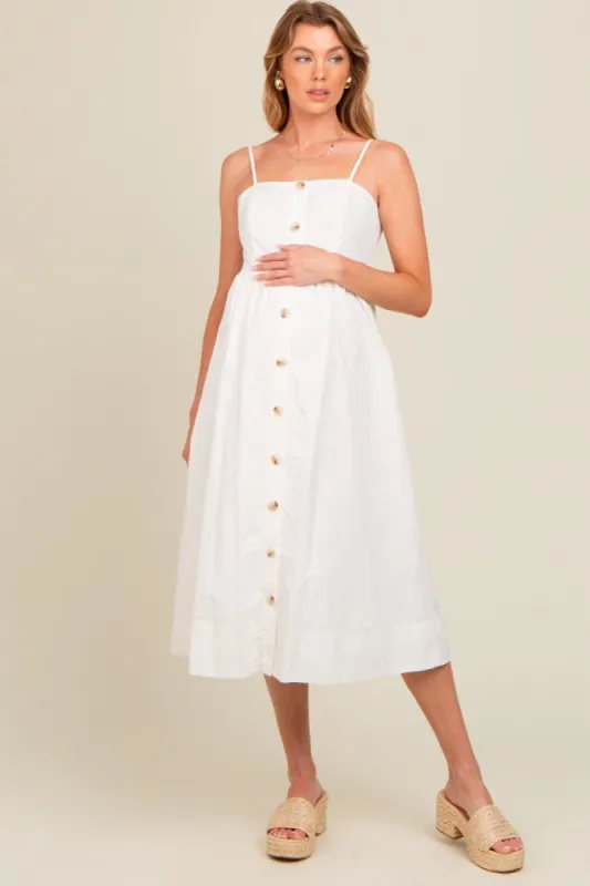 Ivory Sleeveless Button Down Maternity Midi Dress sold by Pinkblush